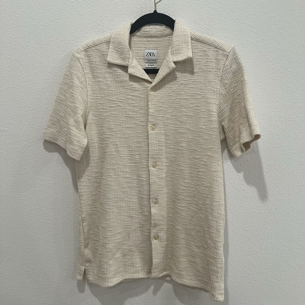 Zara Man Relaxed Fit Textured Knit Camp Collar Shirt Cream Off White Mens Small